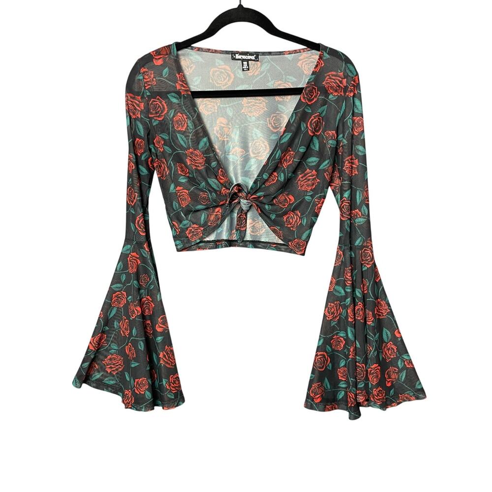 Horoscopez Whimsigoth Sheer Tie Front Flare Sleeve Crop Top Shirt Women Medium